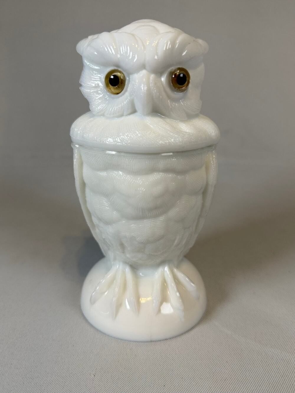 Vintage Atterbury Milk Glass Owl Covered Jar